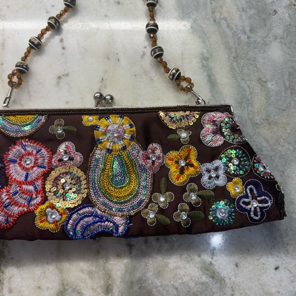 Vintage Brown Satin Beautiful Beaded Floral Bag - Picture 4 of 7
